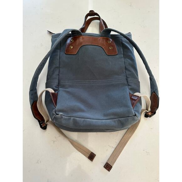 Crate and Barrel x FRYE Blue-Grey Canvas brown leather Backpack org $228.00 - Picture 2 of 16